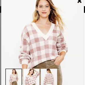 ANN TAYLOR LOFT Plaid V-Neck Sweater Pink Size Large NWT
